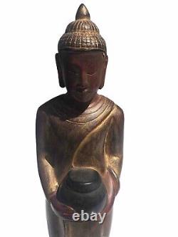 14.5 Standing Buddha Holding Offering Bowl Carved Wood From Cambodia