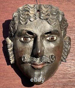 1800's Conquistador Mask Guatemala Hand Carved Glass Eyes Sideburns from Museum