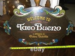 1967 Taco Bueno Casa Bonita 2 Foot Hand Painted Wood Sign From Tulsa Restaurant