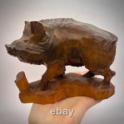 1981 Vintage Author's Wood Figure Statue Boar Hand Carved Signed from Ukraine