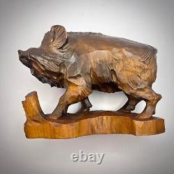 1981 Vintage Author's Wood Figure Statue Boar Hand Carved Signed from Ukraine