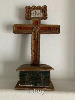 19th Century Spanish Colonial Cross W Base From Mexico With Red And Gold Paint