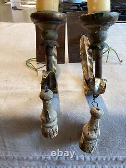 2 French Farmhouse-Wood, Gilt Metal, DISTRESSED SCONCES, Resorced from NOLA