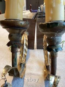 2 French Farmhouse-Wood, Gilt Metal, DISTRESSED SCONCES, Resorced from NOLA