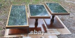 3 Green Marble and Wood One-of-a-Kind Tables from Old Bank Building Rare Marble