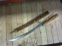 60's Thai Dha, Vintage Sword from Thailand with Hand Carved Wood Scabbard