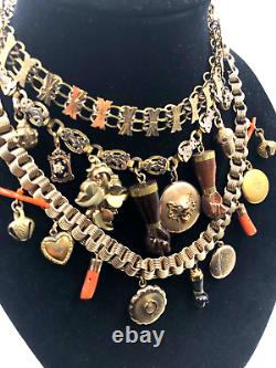 ANTIQUE SET GOLD-FILLED LAYERED BOOKCHAIN CHARMS 14K SET CORALs 5 LOCKETs 3 FIGA