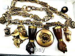 ANTIQUE SET GOLD-FILLED LAYERED BOOKCHAIN CHARMS 14K SET CORALs 5 LOCKETs 3 FIGA