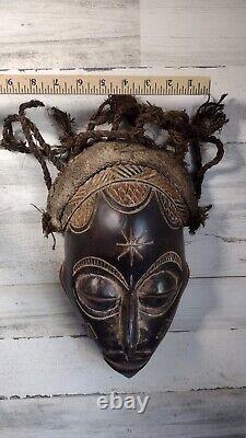 African Chokwe Tribal Mask Carved Wood With Rope Hair Original From Africa