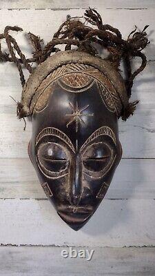 African Chokwe Tribal Mask Carved Wood With Rope Hair Original From Africa