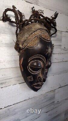 African Chokwe Tribal Mask Carved Wood With Rope Hair Original From Africa