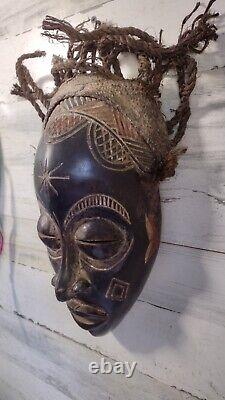 African Chokwe Tribal Mask Carved Wood With Rope Hair Original From Africa