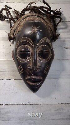 African Chokwe Tribal Mask Carved Wood With Rope Hair Original From Africa