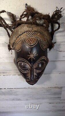 African Chokwe Tribal Mask Carved Wood With Rope Hair Original From Africa