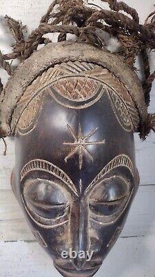 African Chokwe Tribal Mask Carved Wood With Rope Hair Original From Africa