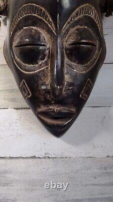 African Chokwe Tribal Mask Carved Wood With Rope Hair Original From Africa