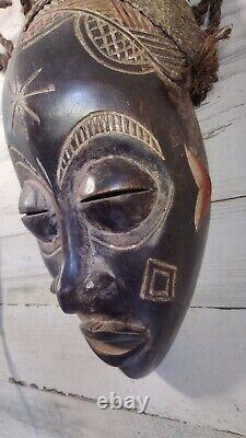 African Chokwe Tribal Mask Carved Wood With Rope Hair Original From Africa