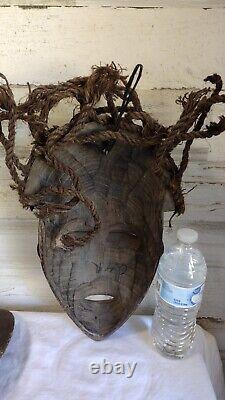 African Chokwe Tribal Mask Carved Wood With Rope Hair Original From Africa