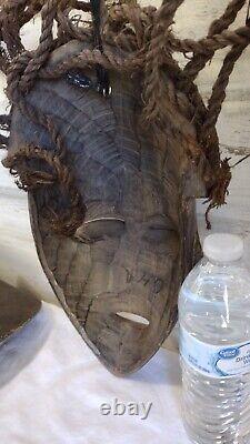 African Chokwe Tribal Mask Carved Wood With Rope Hair Original From Africa