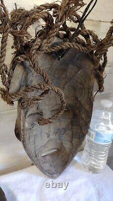 African Chokwe Tribal Mask Carved Wood With Rope Hair Original From Africa