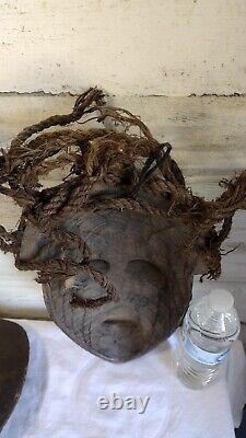 African Chokwe Tribal Mask Carved Wood With Rope Hair Original From Africa