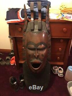 African Wooden Vintage Mask From The Ivory Coast 56 Inches T 17 -3/4 Inches W