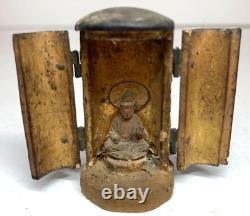Ancient Edo period wood carving exquisite mini Buddha With Zushi H1.8inch From JP