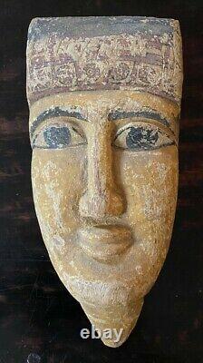 Ancient Egyptian Mummy Mask of Carved Wood from the Late Period with Lucite Stand