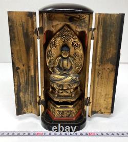 Ancient Japanese Statue wood carved buddha With Zushi Box W3.9×H9.4inch From Japan
