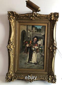 Antique 1860s Original Oil Painting Monk Back From Market Original Wood Frame