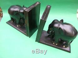 Antique Carved Ebony Wood Elephant Pair Bookends from Ceylon Vintage Decor