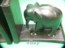 Antique Carved Ebony Wood Elephant Pair Bookends from Ceylon Vintage Decor