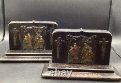 Antique Chinese Wooden Carved And Painted Book Ends From 1891