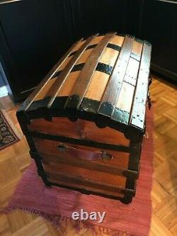 Antique Dome Steamer Trunk 1880 Vintage from Portugal Lock, Keys, Tray