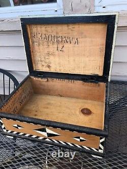 Antique Folk Art Tramp Art Painted Chest, Made From Old Crates