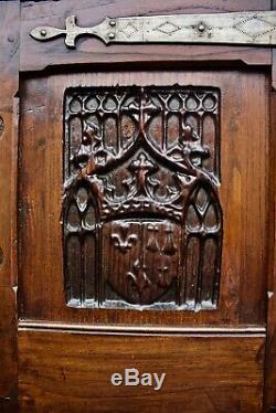 Antique Gothic Carved Wood Cabinet from France c1900 -Chestnut withkey