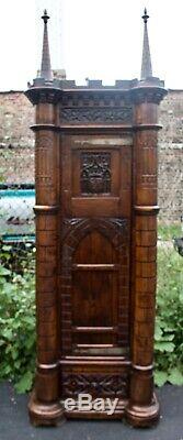 Antique Gothic Carved Wood Cabinet from France c1900 -Chestnut withkey