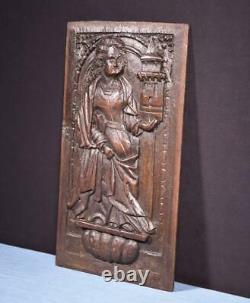 Antique Gothic Panel From the 1700's with Figure in Solid Oak Wood Carving