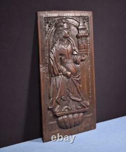 Antique Gothic Panel From the 1700's with Figure in Solid Oak Wood Carving