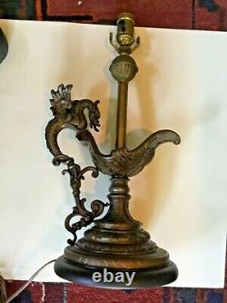 Antique Gothic Style Lamp brass, wood made from spelter ewer with Griffin handle