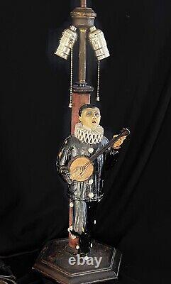 Antique Hand Carved Painted Wooden Figurine Pierrot Lamp 20in From 1900-1920th