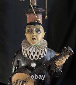 Antique Hand Carved Painted Wooden Figurine Pierrot Lamp 20in From 1900-1920th