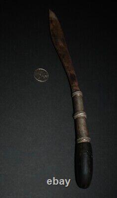 Antique Iron Knife with Silver Incised Sheath & Black Wood Handle from Thailand