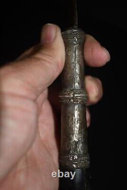 Antique Iron Knife with Silver Incised Sheath & Black Wood Handle from Thailand