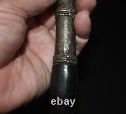 Antique Iron Knife with Silver Incised Sheath & Black Wood Handle from Thailand