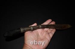 Antique Iron Knife with Silver Incised Sheath & Black Wood Handle from Thailand