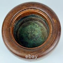 Antique Japanese Round Kiri-Wood Hibachi With Copper Inlay From Meiji Period