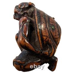 Antique Japanese Wood Netsuke Setsubun Oni Demon Yokai hit with Inlaid Beans