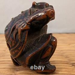 Antique Japanese Wood Netsuke Setsubun Oni Demon Yokai hit with Inlaid Beans