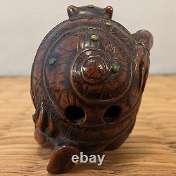 Antique Japanese Wood Netsuke Setsubun Oni Demon Yokai hit with Inlaid Beans